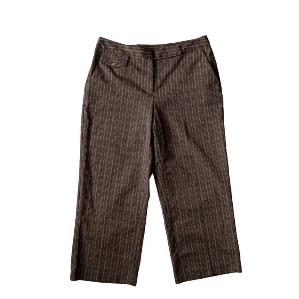 Fashion Bug Brown Pink Cream Pinstriped Mid Rise Wide Leg Dress Pants Women's 8